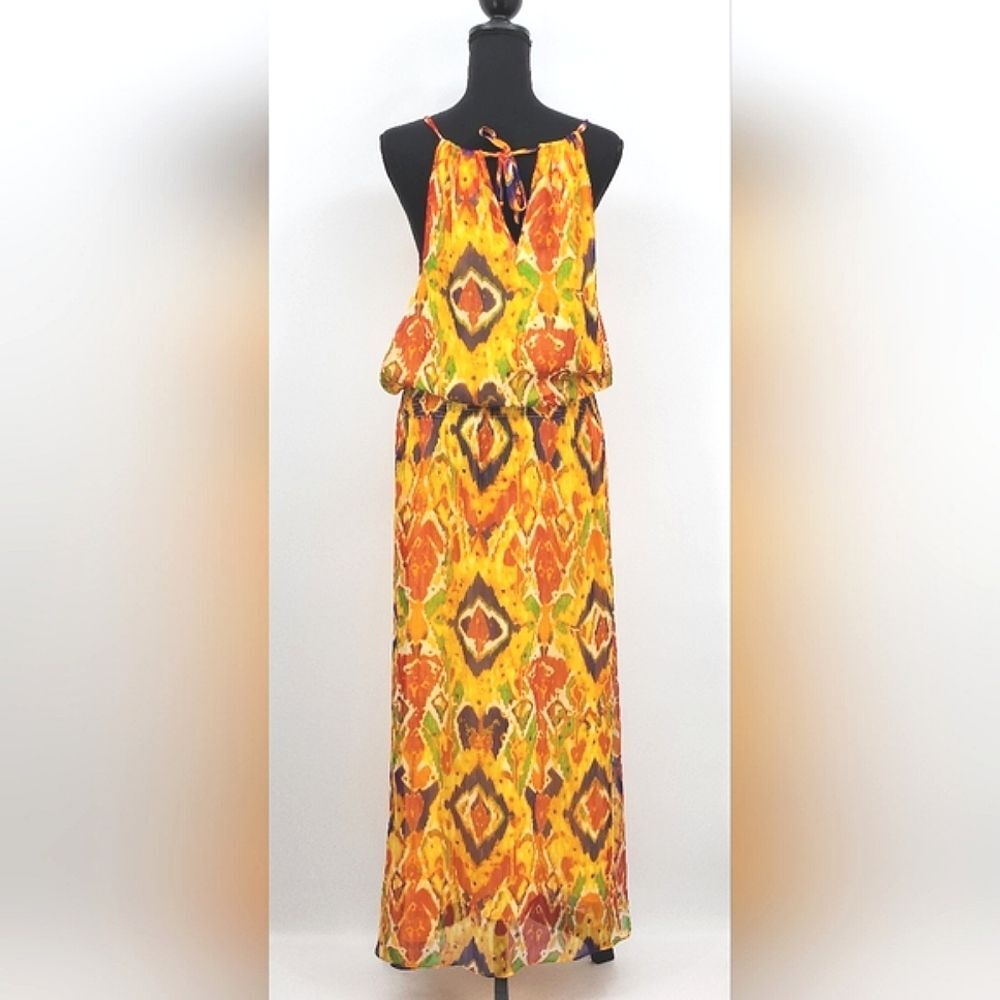 Lauren Ralph Lauren Tribal Ikat Print Yellow Tie-Back Smocked Maxi Dress Women 8 - Picture 3 of 11